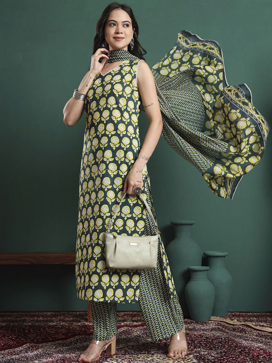 Dhiyona KL Floral Printed V-Neck Pure Cotton Straight Kurta With Trousers & Dupatta
