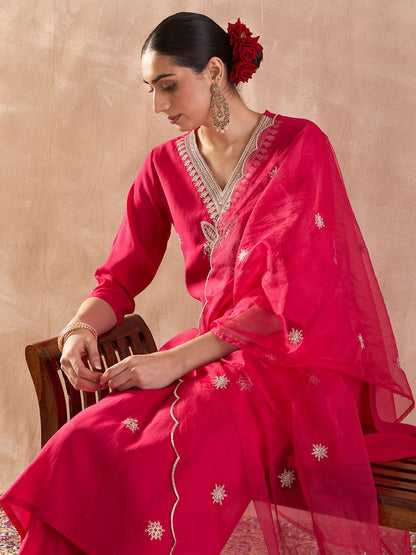 Ethnic Motifs Embroidered Thread Work Straight Kurta With Trousers & Dupatta
