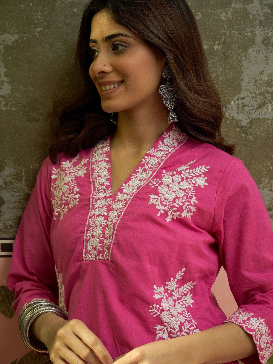 Embroidered V-Neck Kurta & Trousers