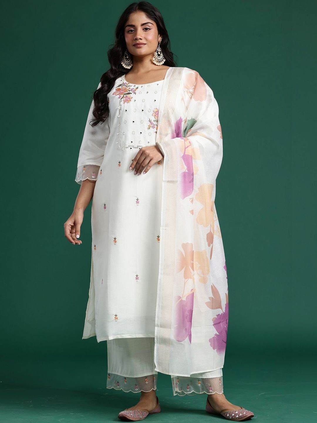 Dhiyona Women's Floral Embroidered Regular Mirror Work Kurta with Trousers & With Dupatta