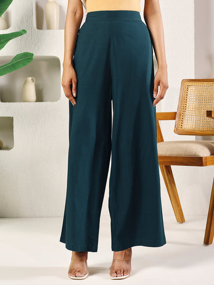 Dhiyona FL Women's Teal Green Cotton Solid Palazzo