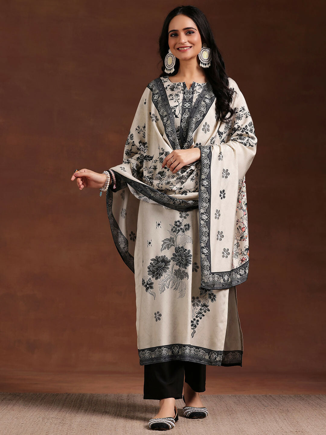 Women's LB Monochrome Printed Silk Blend Straight Suit With Dupatta