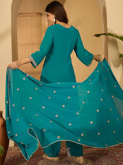 Dhiyona SN Zari Sequence Thread Embroidered Straight Kurta With Palazzos & Dupatta