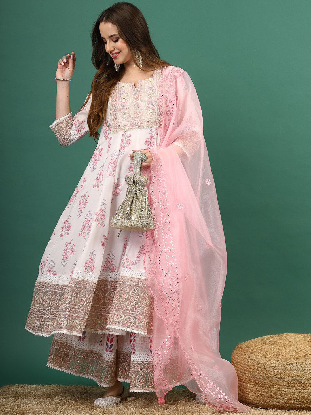 Dhiyona SN White & Pink Floral Printed Notch Neck Anarkali Kurta With Sharara & Dupatta