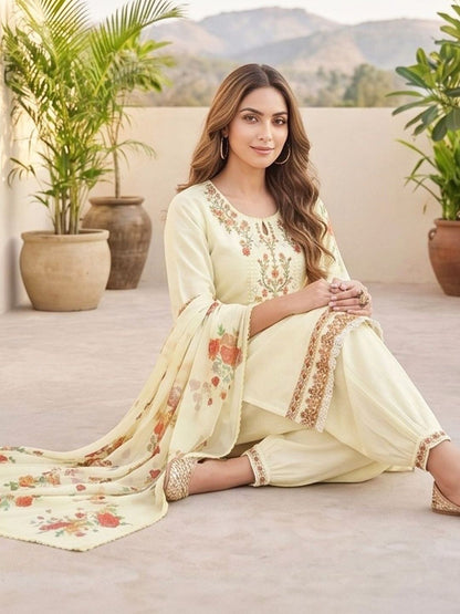 Cream Women Floral Embroidered Regular Thread Work Kurta with Patiala & With Dupatta