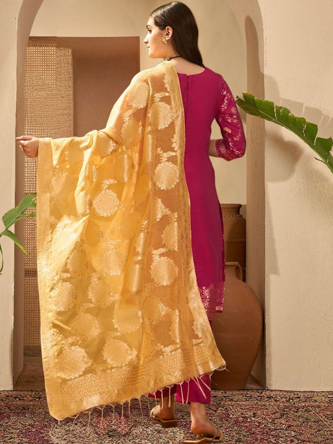 Women Motifs Pashmina Woven Design Gotta Patti Kurta With Trousers & Dupatta