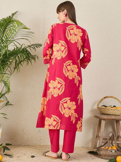 Dhiyona IE Floral Printed Pure Cotton V-Neck Tunic With Trousers Co-Ords