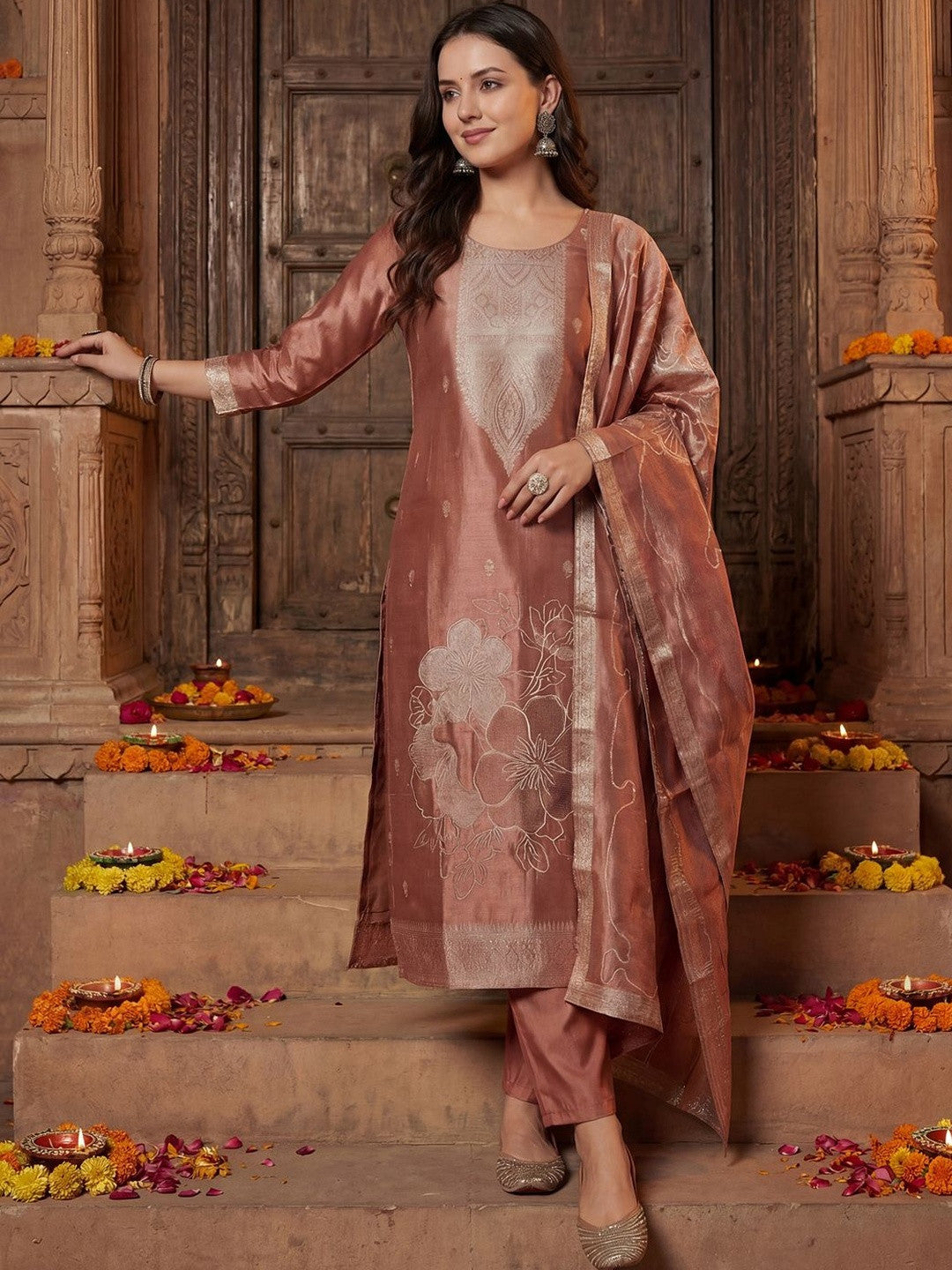 Women Ethnic Motifs Regular Kurta with Trousers & With Dupatta