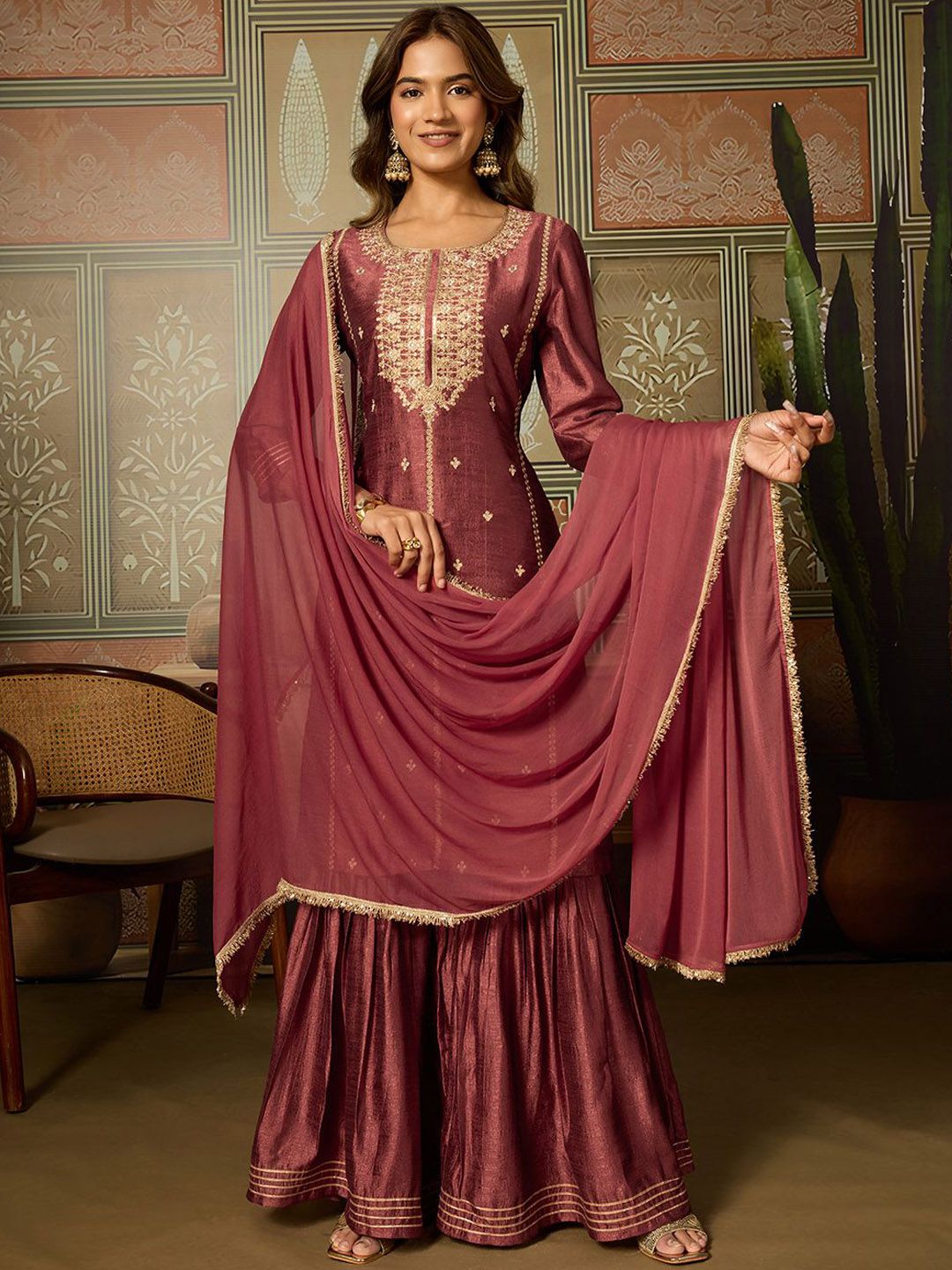 Dhiyona HOP Women Ethnic Motifs Embroidered Kurti with Sharara & Dupatta