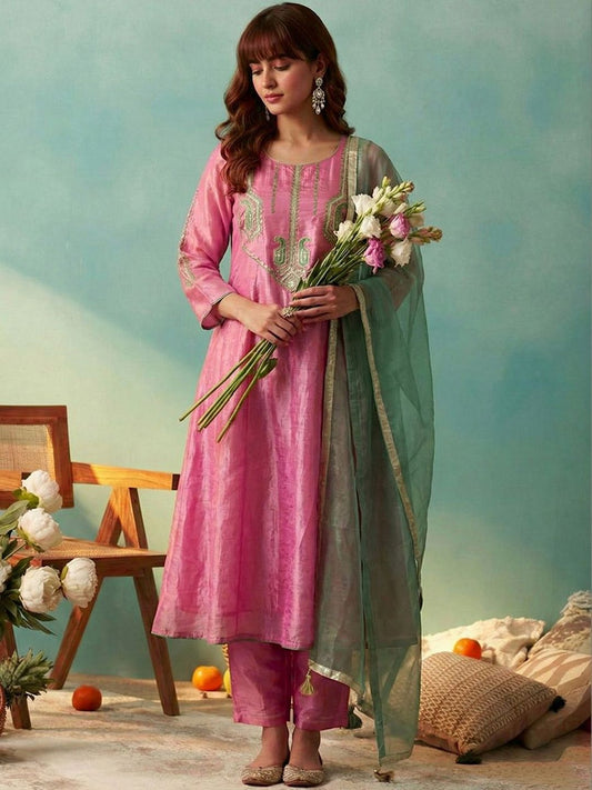 Dhiyona CH Women Ethnic Motifs Embroidered Regular Thread Work Kurta with Trousers & With Dupatta