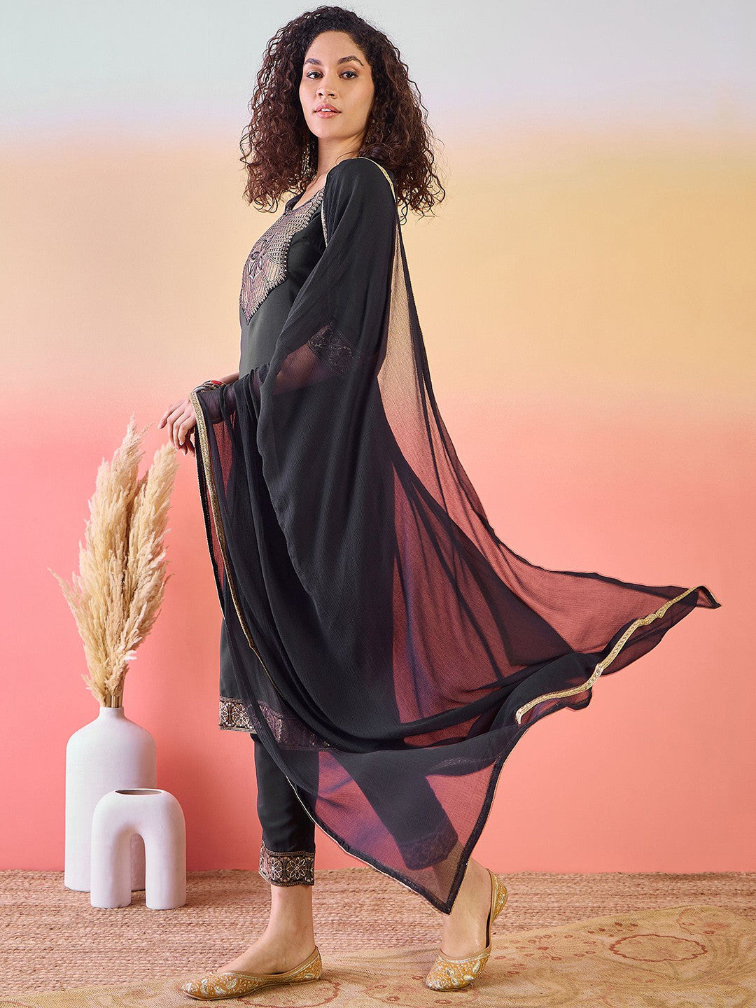 Floral Yoke Design Zari Jacquard Straight Kurta With Trousers And Dupatta