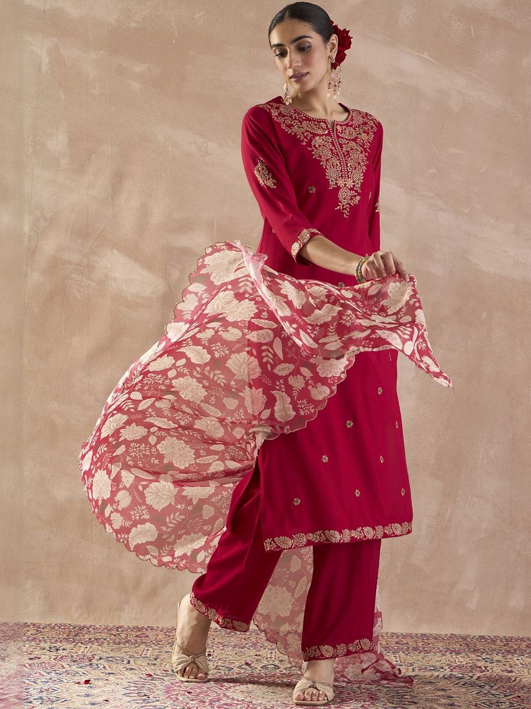 Ethnic Motifs Embroidered Notch Neck Thread Work Kurta With Trousers & Dupatta