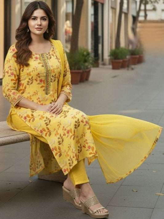 Dhiyona KL Women Floral Printed Regular Thread Work Kurta with Trousers & With Dupatta