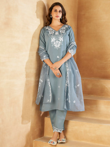 Women's Teal Embroidered Straight Kurta Trousers With Dupatta set