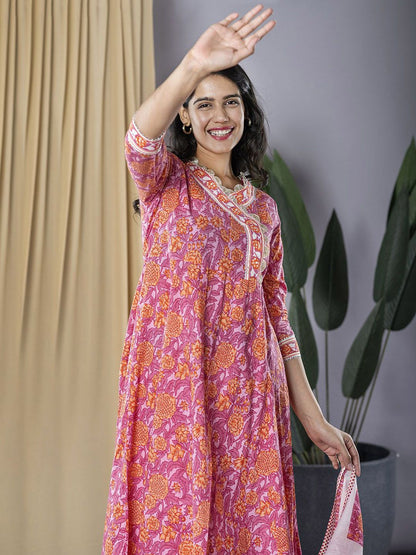 Dhiyona KL V-Neck Floral Printed Pure Cotton Anarkali Kurta with Trousers & Dupatta