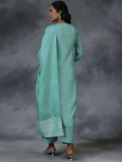 Women's LB Green Woven Design Silk Blend Straight Suit With Dupatta