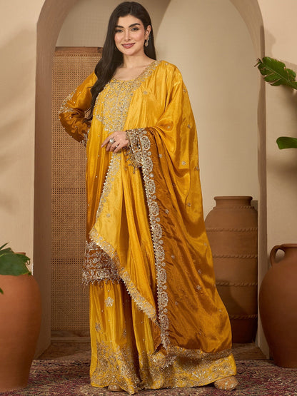 Mustard Chinon Silk Embroidery Work Kurta With Sharara And Dupatta