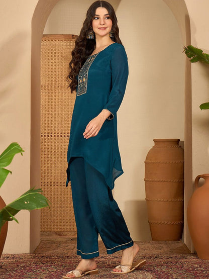 Women Ethnic Motifs Embroidered Asymmetric Sequinned Kurti with Palazzos