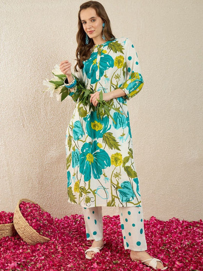 Dhiyona IE Printed Mandarin Collar Three-Quarter Sleeves Pure Cotton Tunic And Trousers