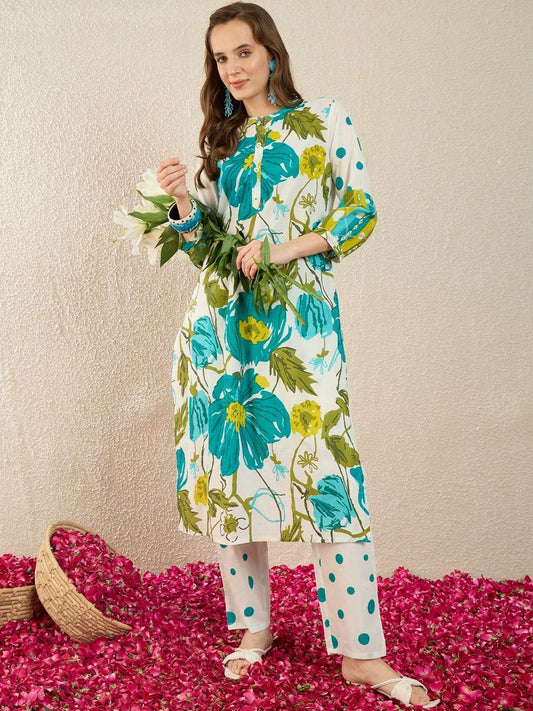 Dhiyona IE Printed Mandarin Collar Three-Quarter Sleeves Pure Cotton Tunic And Trousers