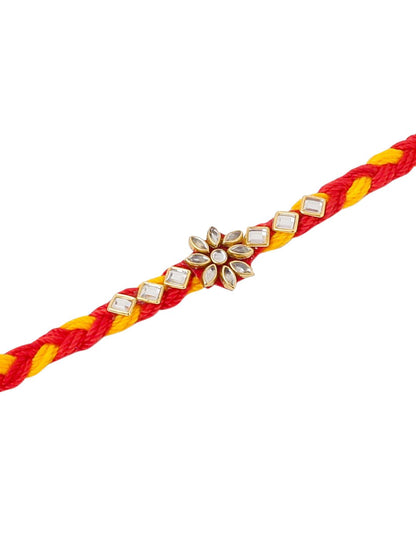 Dhiyona Set Of 3 Kundan Studded Thread Rakhis With Roli Chawal Chandan & Mishri