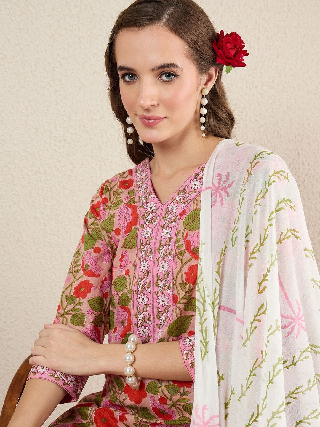 Women Floral Printed Regular Pure Cotton Kurta with Salwar & With Dupatta