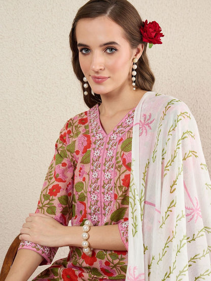 Women Floral Printed Regular Pure Cotton Kurta with Salwar & With Dupatta