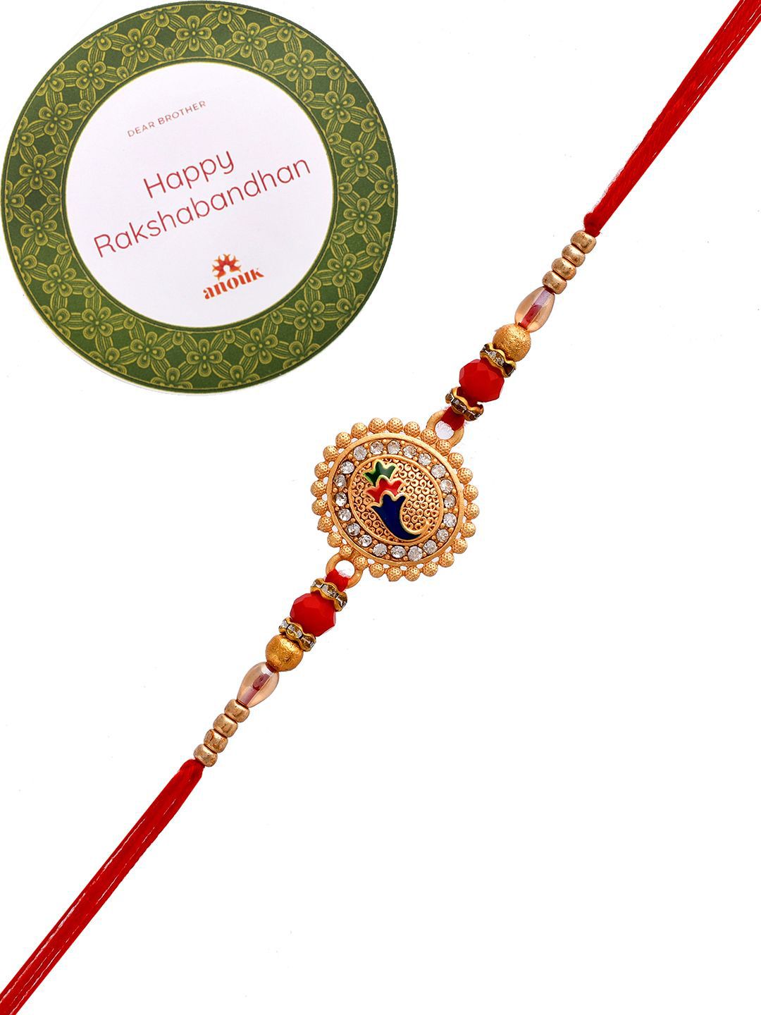 Dhiyona Gold-Toned Stone-Studded & Beaded Rakhi With Roli Chawal & Greeting Card