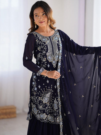 Dhiyona KL Women Ethnic Motifs Embroidered Regular Sequinned Kurta with Sharara & With Dupatta