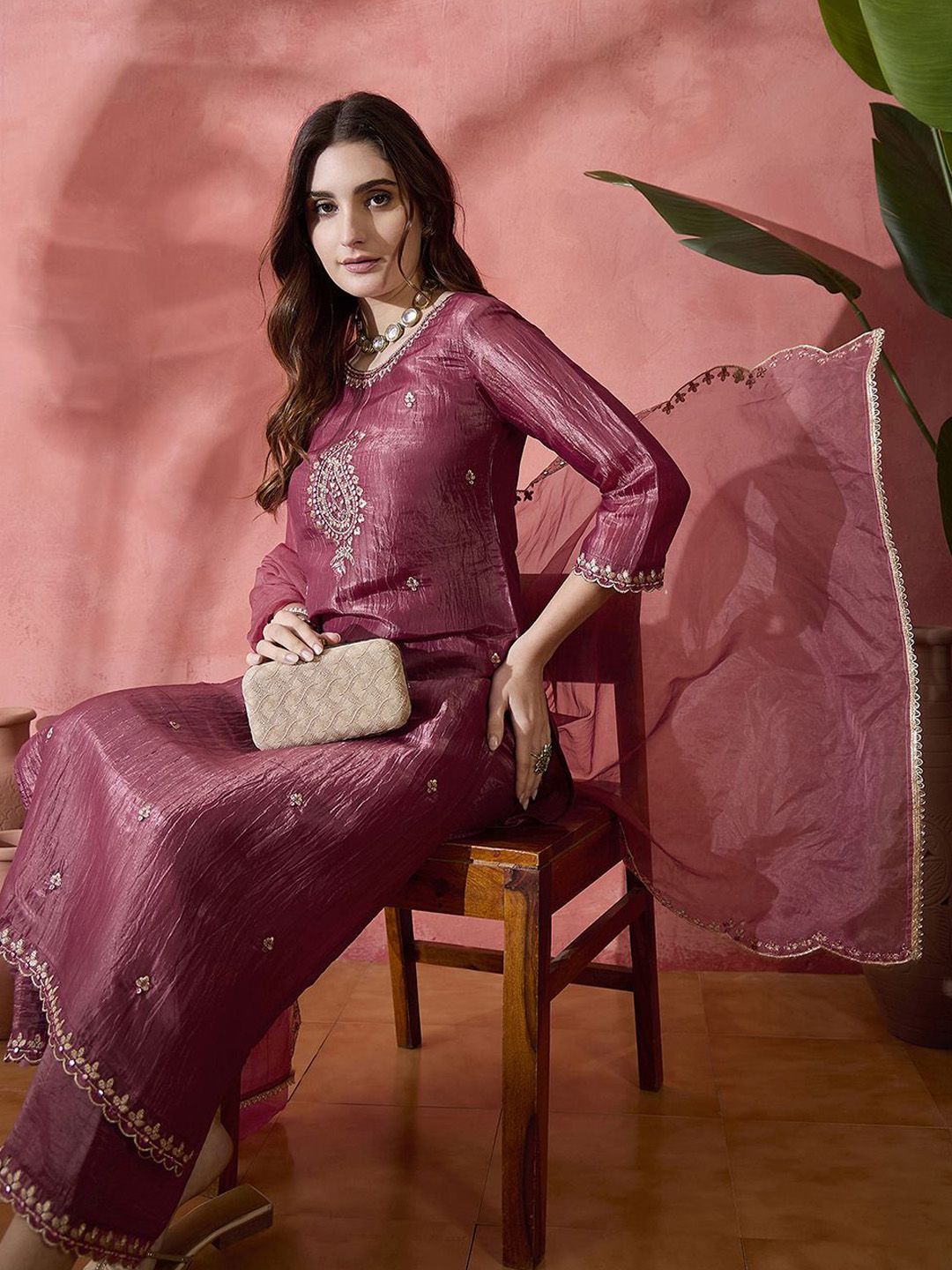 Dhiyona SN Paisley Embroidered Mirror Work Straight Kurta And Palazzo With Dupatta