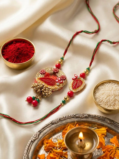 Dhiyona Set Of 2 Artificial Beads Bhaiya Bhabhi Rakhi With Roli Chawal Chandan Mishri