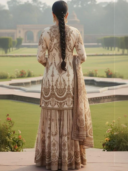 Dhiyona AN Floral Printed Keyhole Neck Straight Cotton Silk Kurta With Sharara & Dupatta