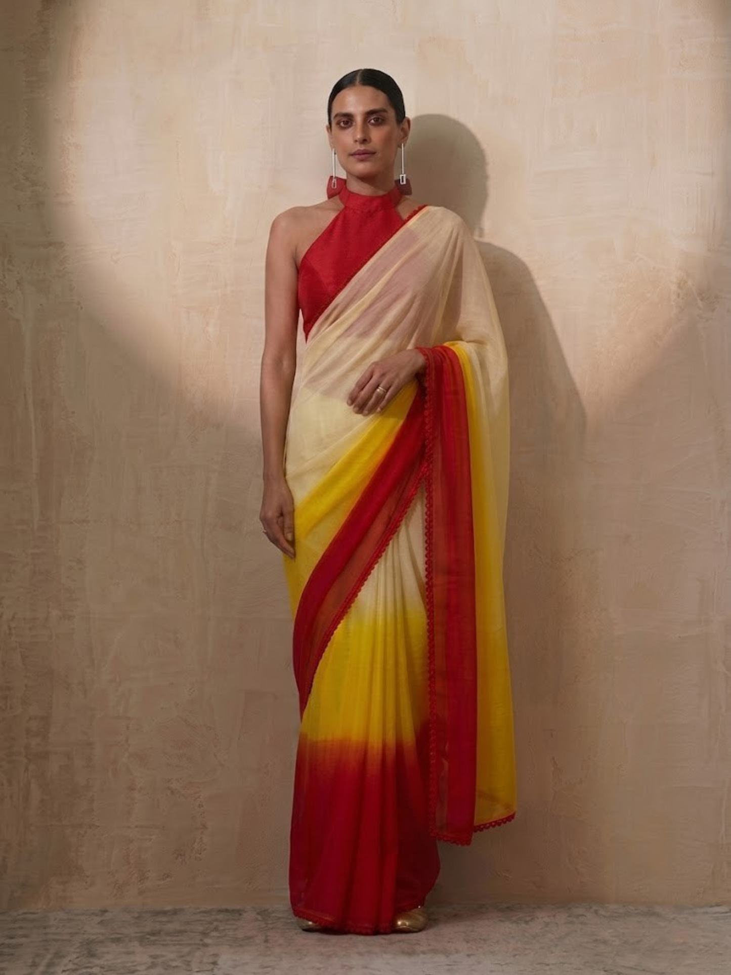 Dhiyona ST Yellow Red Cream Ombre Chiffon Saree with Self Fabric Blouse