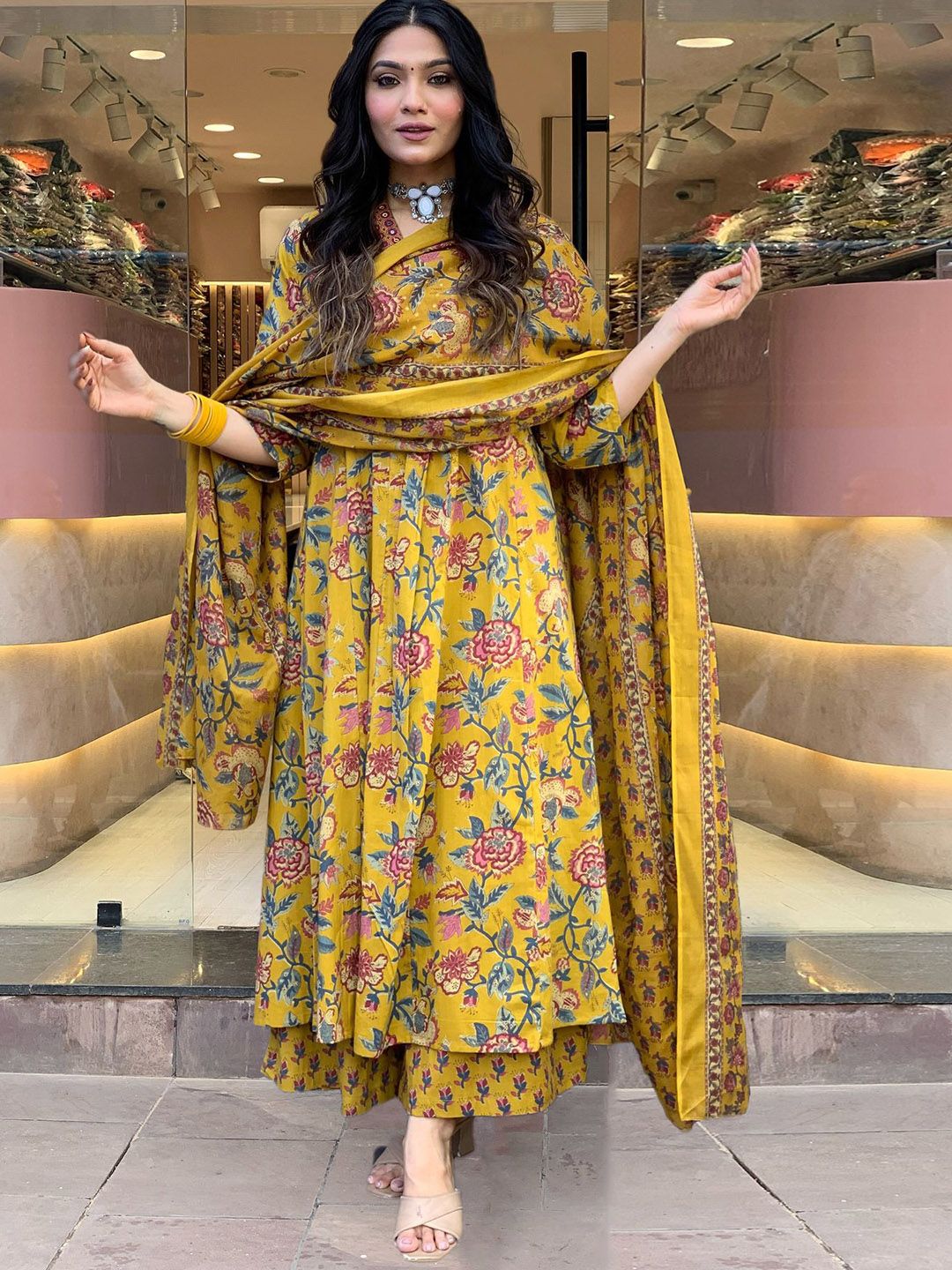 Dhiyona KL Floral Printed V Neck Mirror Work Anarkali Kurta With Trousers & Dupatta