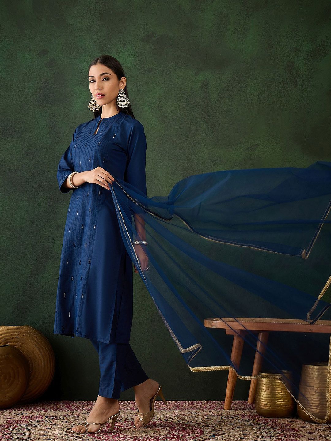 Dhiyona SN Women's Navy Blue Stripped Self Design Pintuck Pure Cotton Kurta & Trouser With Dupatta