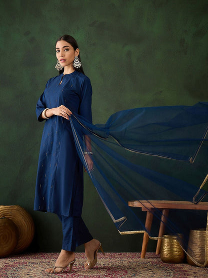 Dhiyona SN Women's Navy Blue Stripped Self Design Pintuck Pure Cotton Kurta & Trouser With Dupatta