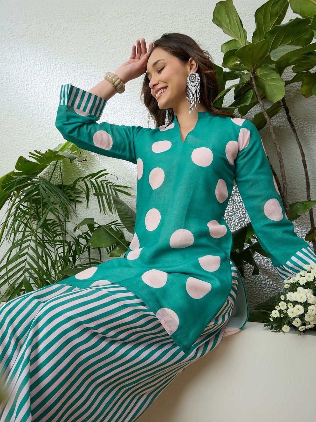 Women Linen Floral Printed Short Kurti With Farshi Salwar Set