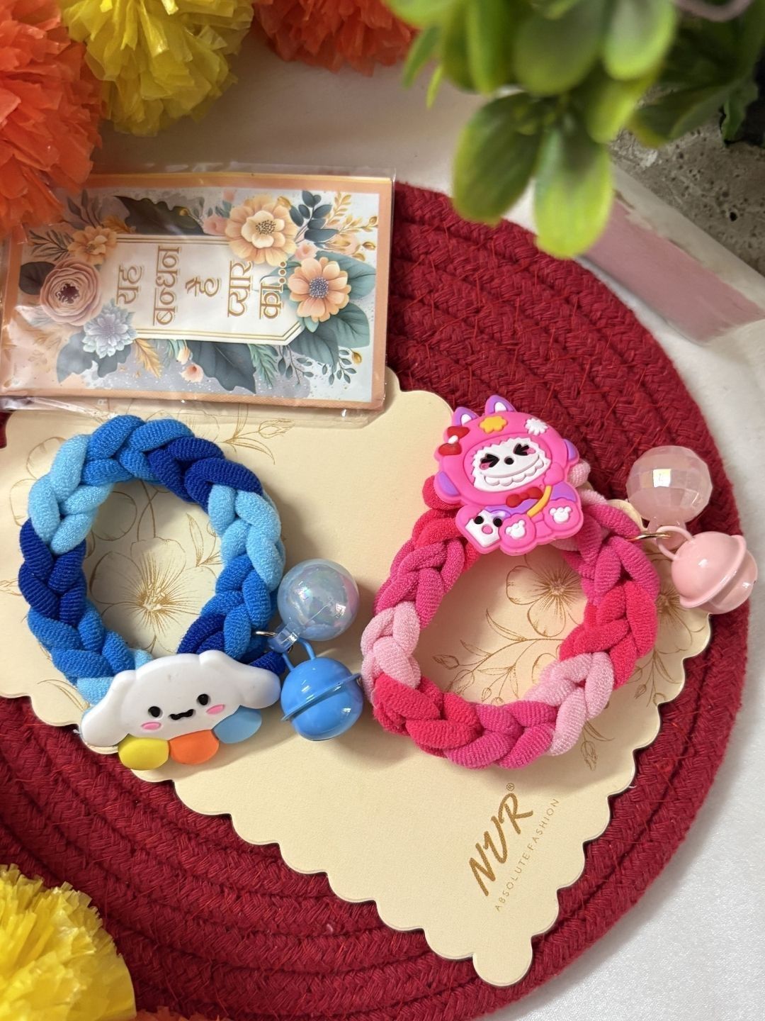 Dhiyona Set Of 2 Blue & Pink Kids Rakhi With Roli Chawal Chandan Mishri