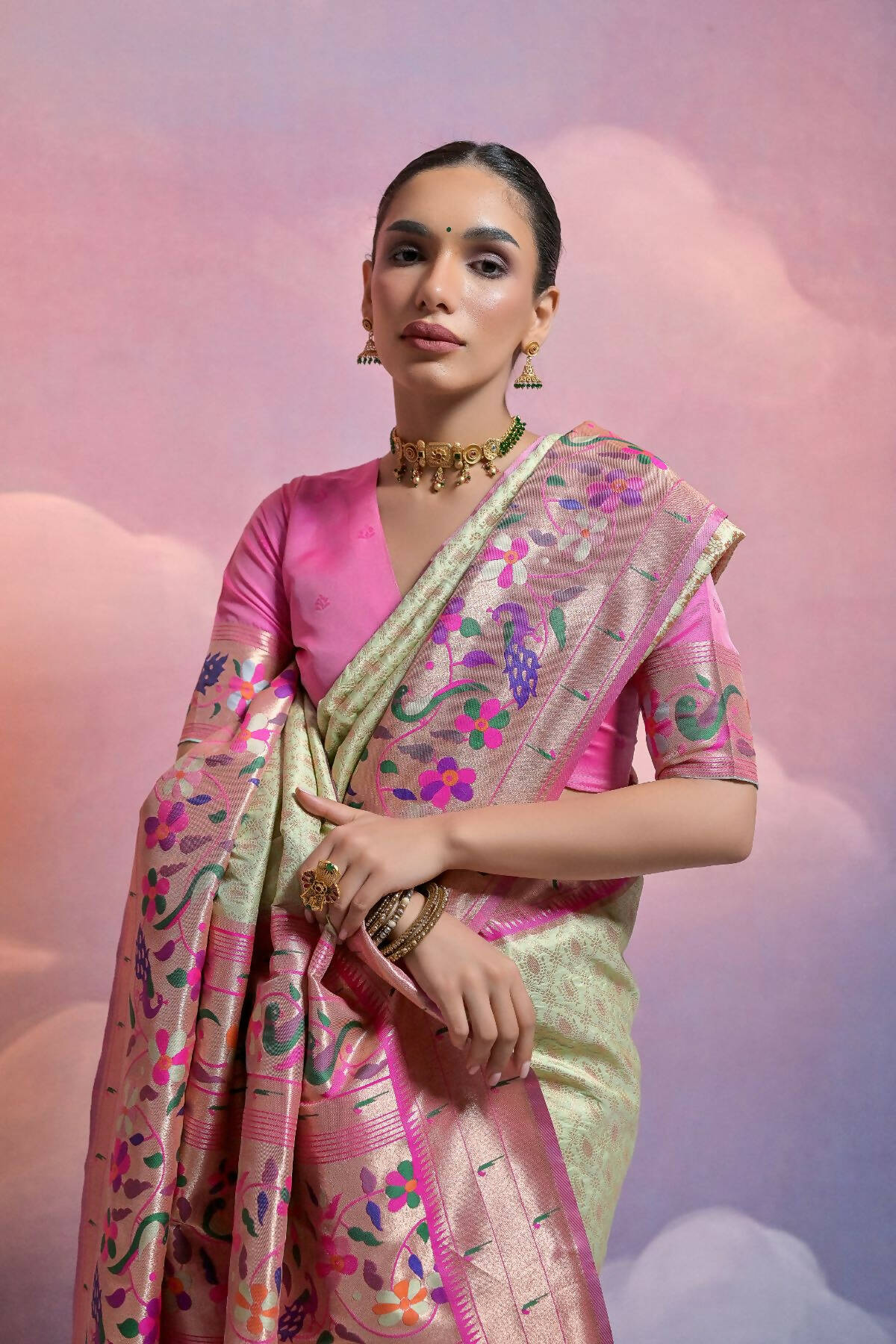 Women Paithani Vani Pista Saree With Unstiched Blouse