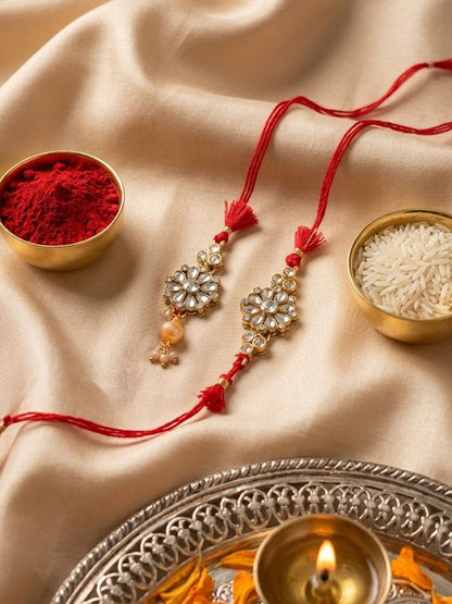 Dhiyona Set Of 2 Red Kundan Studded Floral Design Bhaiya Bhabhi Rakhi With Roli Chawal