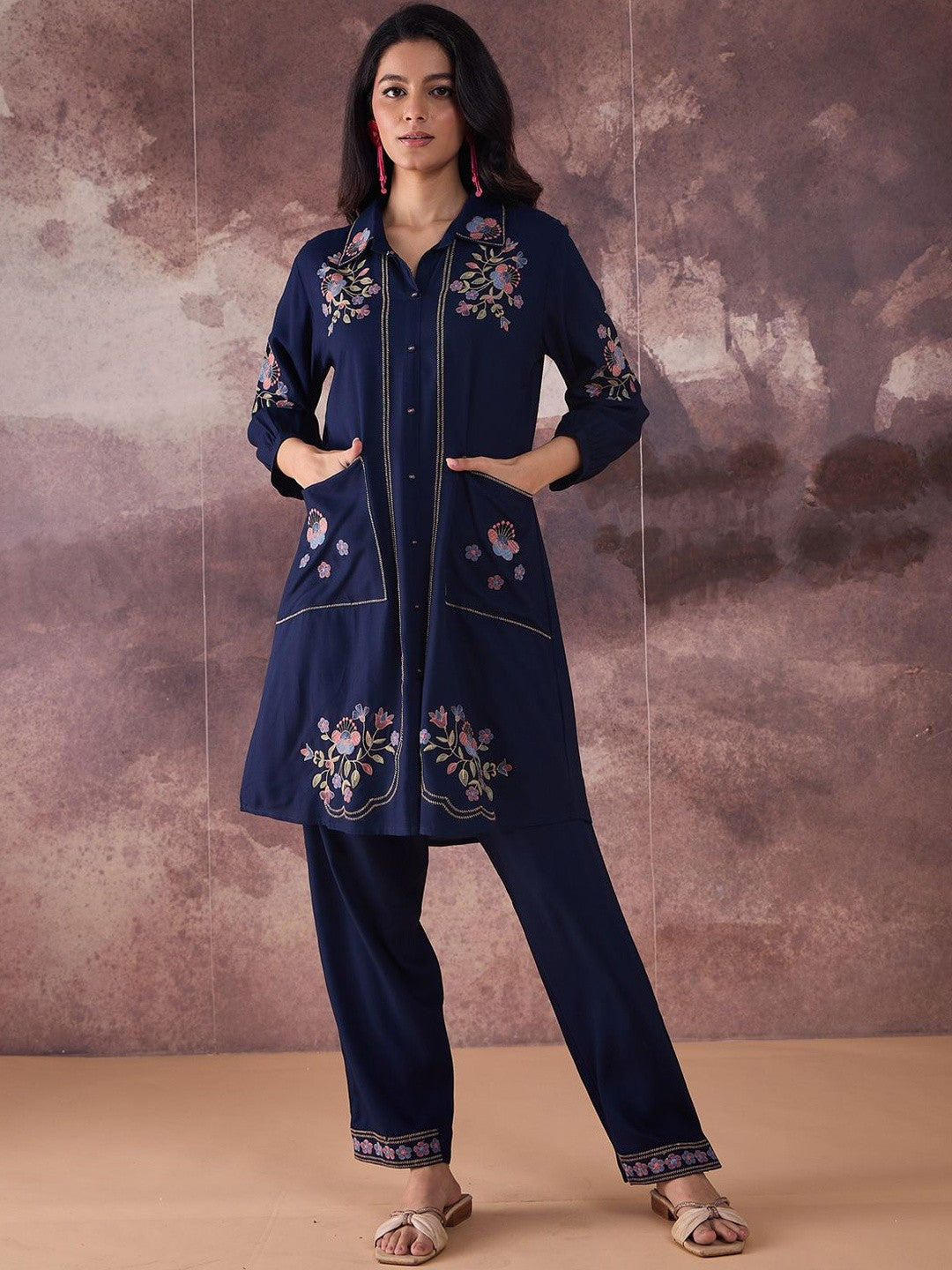 Floral Embroidered Thread Work Pure Cotton Kurta With Trousers