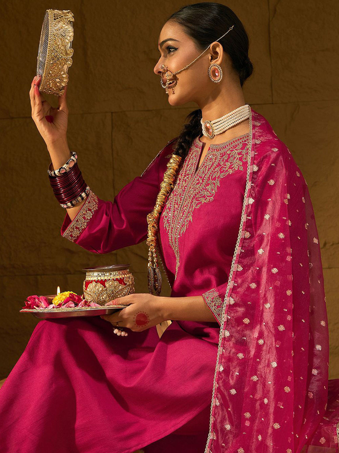 Ethnic Motifs Yoke Design Straight Zari Liva Kurta with Trousers & Dupatta