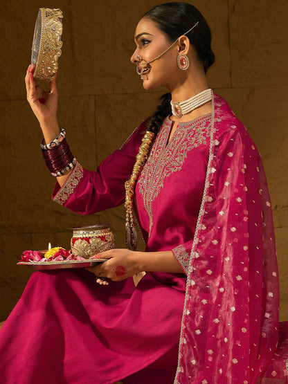 Ethnic Motifs Yoke Design Straight Zari Liva Kurta with Trousers & Dupatta