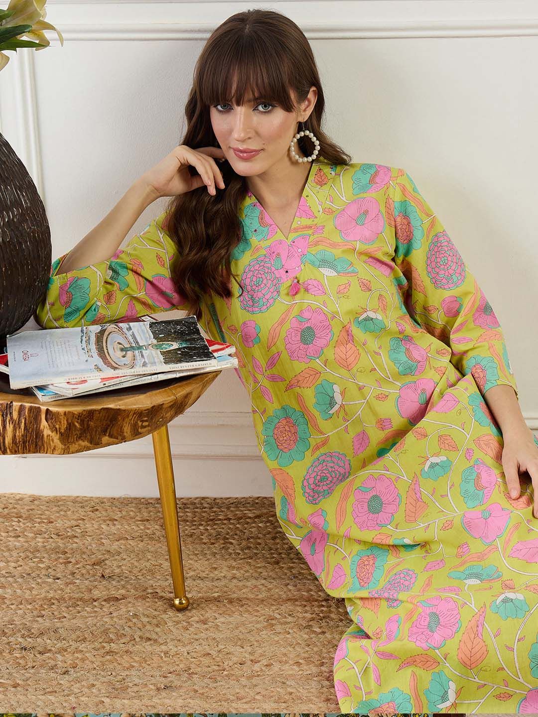 Dhiyona IE Floral Printed Straight Sequinned Pure Cotton Kurta With Trouser