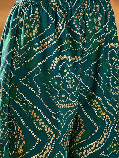 Women's Green Bandhani Print & Embroidered Muslin Straight Kurta Pant Dupatta Set