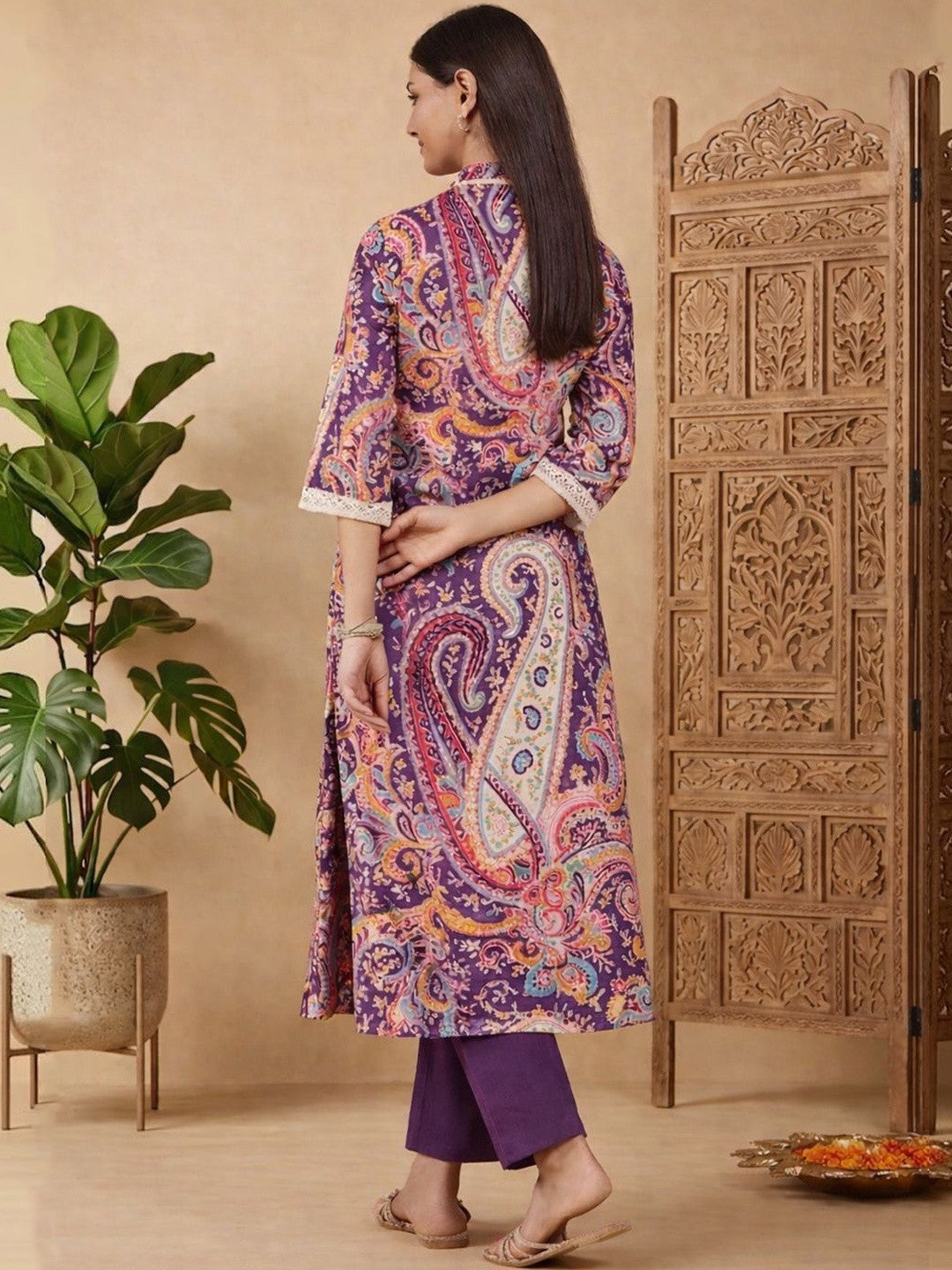 Printed V-Neck A-Line Kurta & Trousers