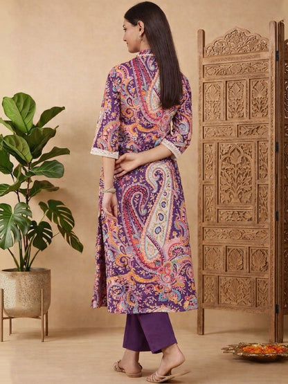 Printed V-Neck A-Line Kurta & Trousers