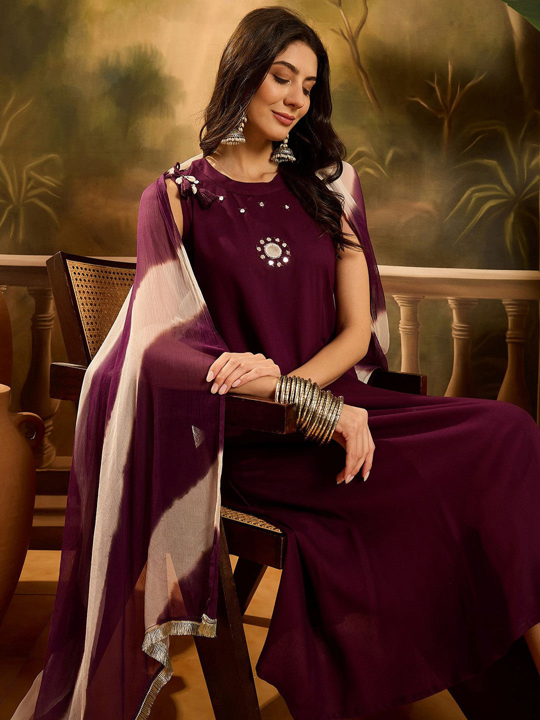 Embroidered A-Line Kurta & Palazzo With Dupatta