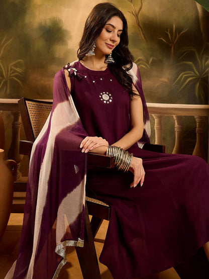 Embroidered A-Line Kurta & Palazzo With Dupatta
