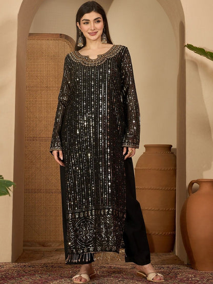 Dhiyona SN Geometric Embroidered Sequinned Straight Kurta With Palazzos & Dupatta